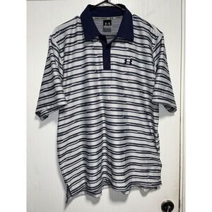 Under‎ Armour Shirt Mens XL Blue Striped Short Sleeve  Loose Fit Golf